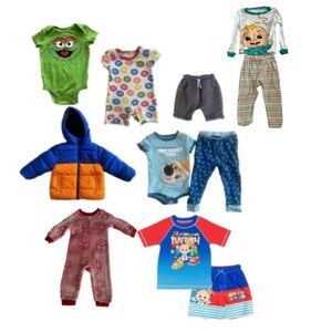 18 Month 11 piece Bundle orange blue puffer jacket, onesies, pants and swim suit